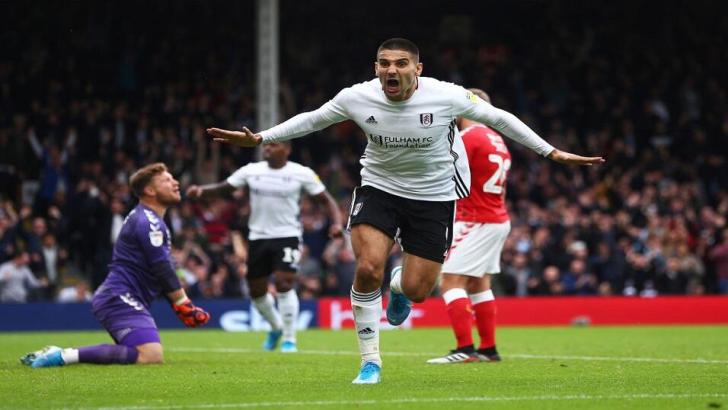 Fulham striker Aleksandr Mitrovic celebrates scoring